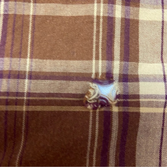 Fossil 54 Mens Vintage Fit Snap Brown Plaid Western Shirt - small hole - Size XL - Picture 5 of 6